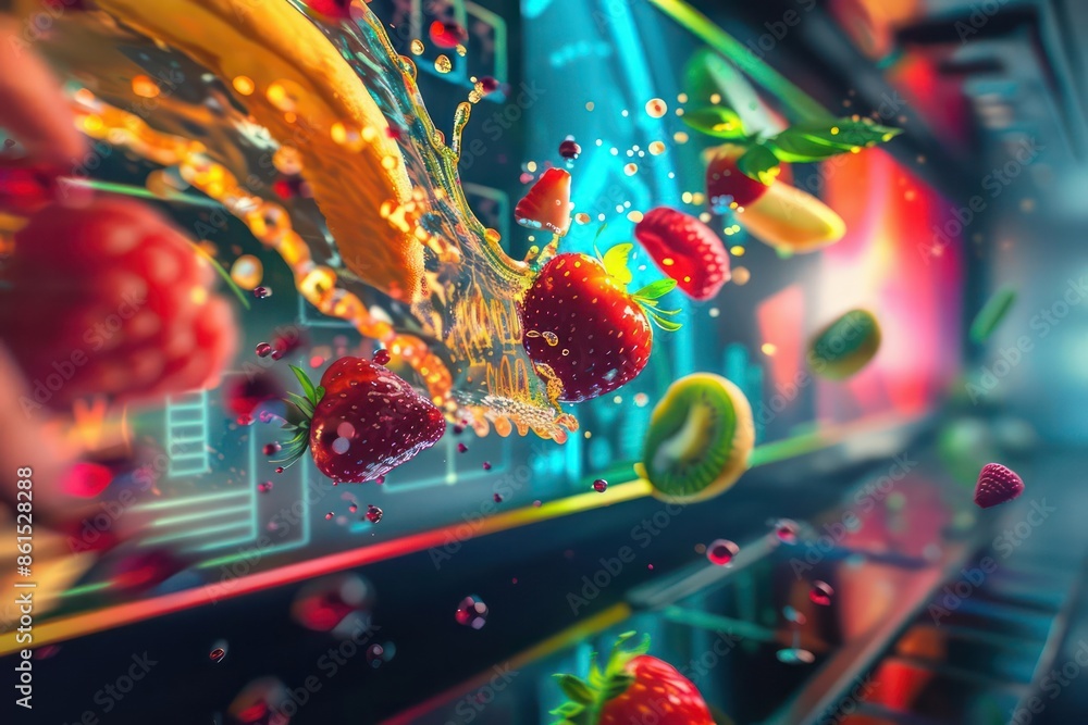 Poster futuristic digital dashboard displaying a colorful snack splash in motion with plenty of space for c
