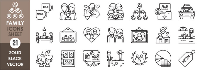 A set of line icons related to family.  Dad, mom, mother, love, dining room, documents, family car, photo album, couple, child, family drawing, budget, combined family and so on. Vector outline icons.