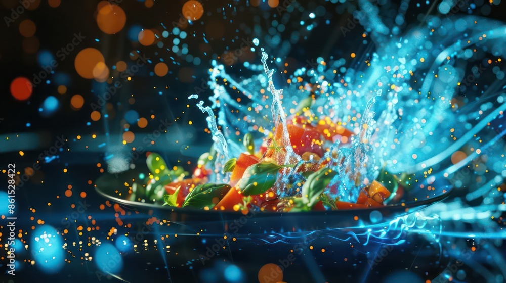 Poster futuristic digital dashboard featuring a dynamic food splash animation with plenty of space for copy