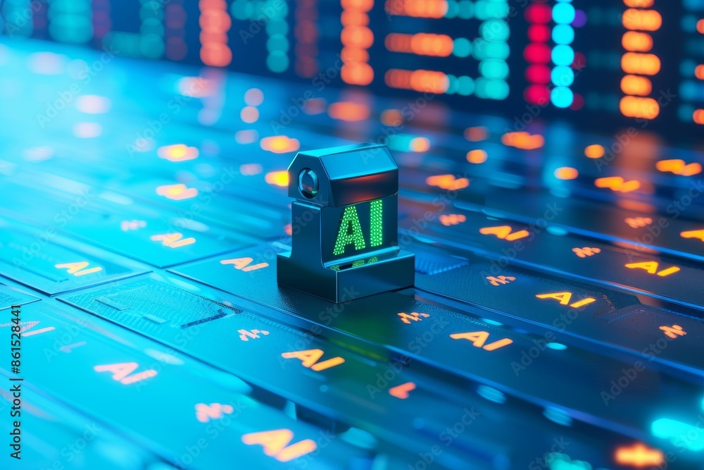 Poster digital illustration of an ai house on a keyboard, representing smart home technology and automation