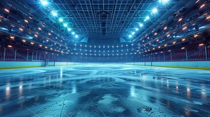 A vast, empty ice hockey rink is beautifully illuminated with bright lights, showcasing the pristine ice and setting the stage for an intense and thrilling sports event.