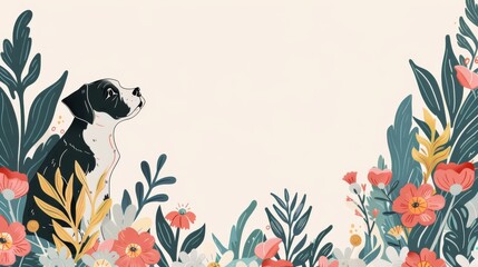 Old botanical style illustration of a charming dog sitting among flowers and leaves over a white horizontal website banner