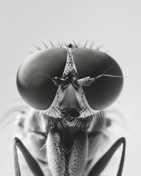 The complex eyes of a fly almost alienlike in black and white. Black and white art
