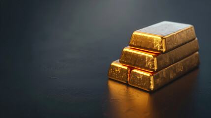 stack of gold bars on a dark background. bars arranged in pyramid shape, showcasing their shiny, reflective surfaces and the detailed texture of the gold