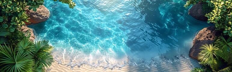 Obraz premium Shadow of palm leaves on white sand beach, top view of water surface with tropical leaf. Beautiful abstract background concept banner for summer vacation at beach