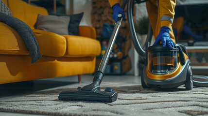 A woman in apron and rubber gloves is cleaning a table with a rag at home