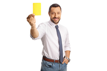 Man showing a yellow card and smiling