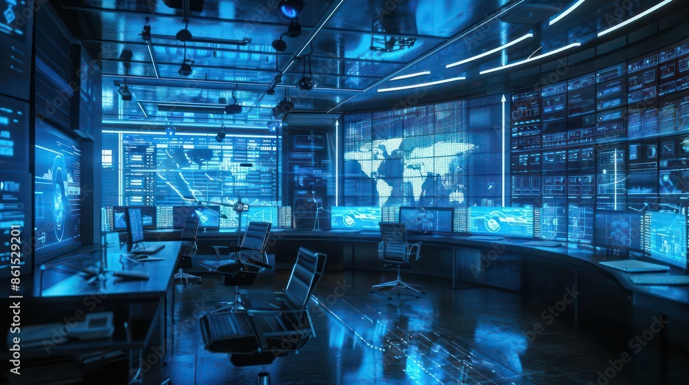Poster hightech control center featuring holographic projections of a smart city layout and clear space for