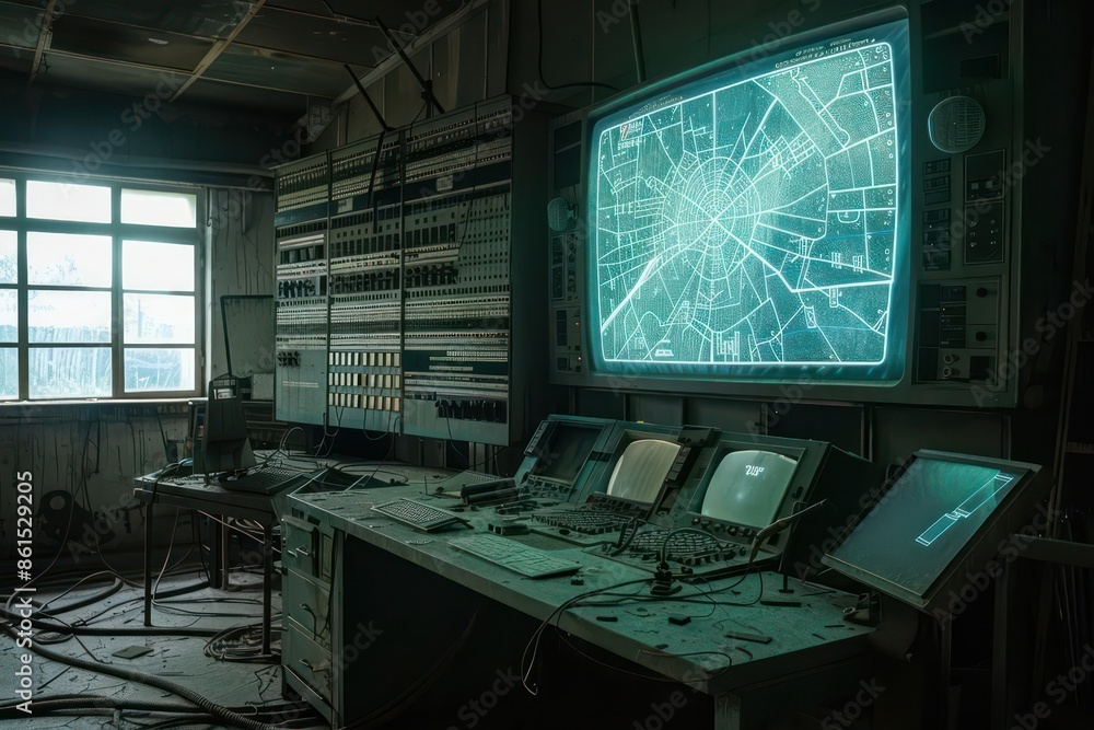 Poster hightech control center featuring holographic projections of a smart city layout and clear space for