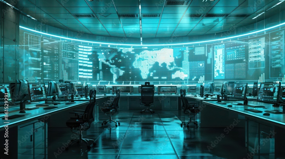 Poster hightech control center featuring holographic projections of a smart city layout and clear space for