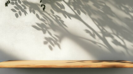 There is wooden shelf with tree leaf shadow white wall background