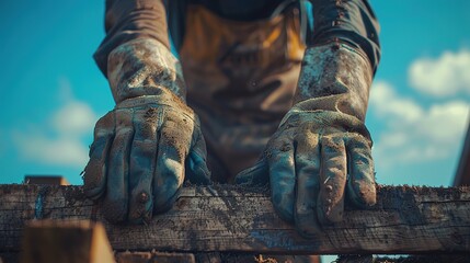 Artisan crafting woodwork under clear blue sky with heavy-duty grey gloves
