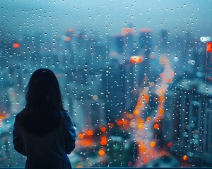 Pensive Silhouette Gazing at Rainy City Skyline Through High Rise Window