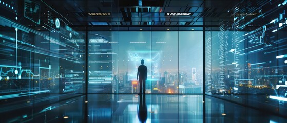 Hightech office environment with holographic projections of a small business figure and clear space for text