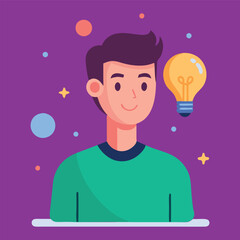 Minimalistic business man thinking, problem solving, idea bulb. 
