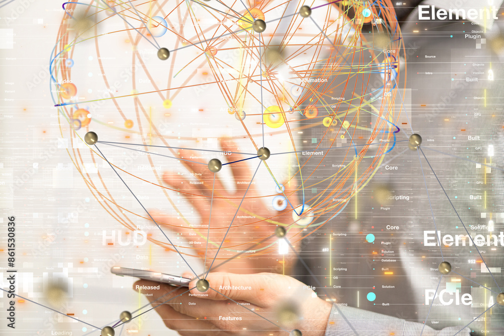 Poster Global network. Blockchain. 3D illustration. Neural networks and artificial intelligence. Abstract