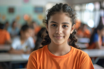 Girl wearing an orange shirt is sitting in a classroom. Orange t-shirt day concept
