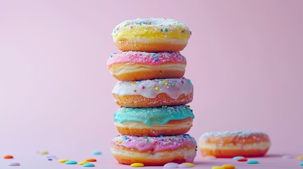 A stack of five multicolored frosted donuts with sprinkles on a pink background.