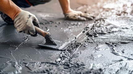 A hand holds a tool and applies grey textured paint to a wall