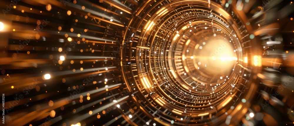 Poster abstract golden tunnel light effect, futuristic digital background with glowing lines and particles,