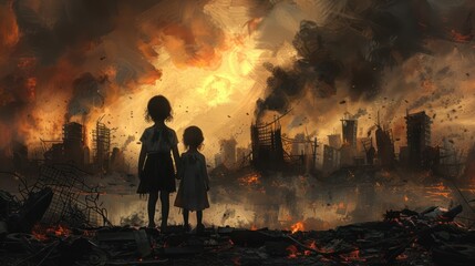 Guardians of a Devastated Hometown: Mixed Digital Illustration and Matte Painting Depicting Children in Warzone