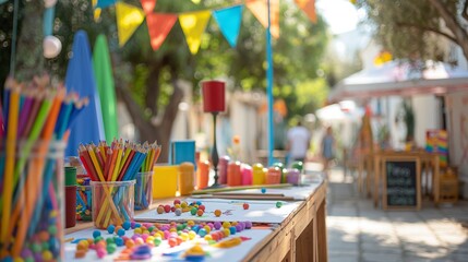 Colorful Outdoor Art and Craft Fair with Pencils and Decorations