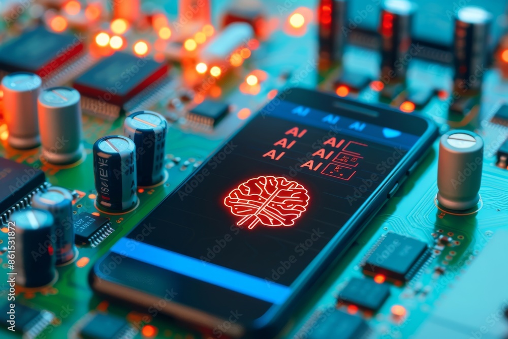 Poster close up image of a microchip with a glowing brain hologram, showcasing the integration of artificia