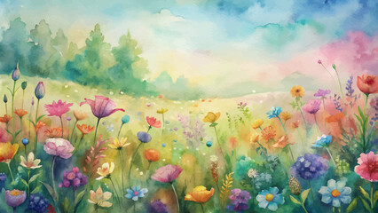 Fototapeta premium Watercolor background of meadow blooms