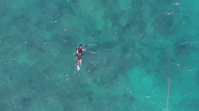 Spearfishing fish hunter with spear gun. Human in wetsuit snorkelling scuba diver and flipper fins with scuba mask swimming in transparent tropical ocean water. Overhead top down drone aerial