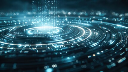 Fototapeta premium Futuristic digital illustration of data streams and abstract technology background with glowing circuits and binary elements.