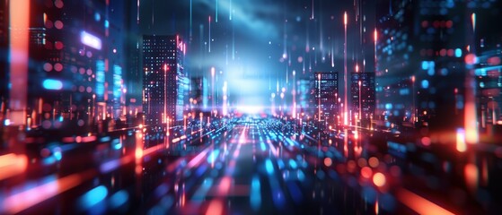 Fototapeta premium Futuristic neon-lit cityscape with digital light streams, reflecting a high-tech, cyberpunk ambiance in vivid blue and red tones at night.