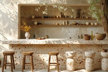 minimalist scandinavian kitchen with island and barstools advertising photography