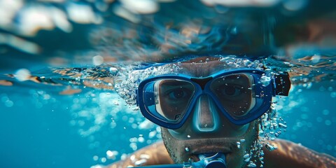 Fototapeta premium Young man wearing a scuba mask underwater close-up