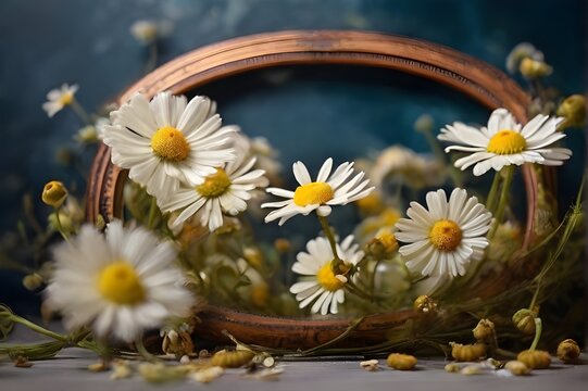 Creative layout made with flowers and photo frame. Spring minimal concept