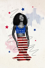 Fototapeta premium Collage artwork graphics picture of dreamy lady wear 4th july flag costume isolated painting background