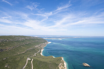 Landscape drone photography of arrabida atlantic ocean portugal view of the sea and mountains hills 
