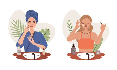 Women enjoy skin care routine at home illustration