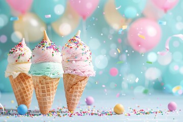 Three ice cream cones with sprinkles in front of a blue background with pink and blue balloons.