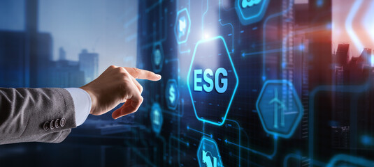 Businessman clicks ESG Environmental Social Governance sustainable development and investment