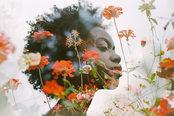 Portrait of young black woman and flowers, double exposure effect 