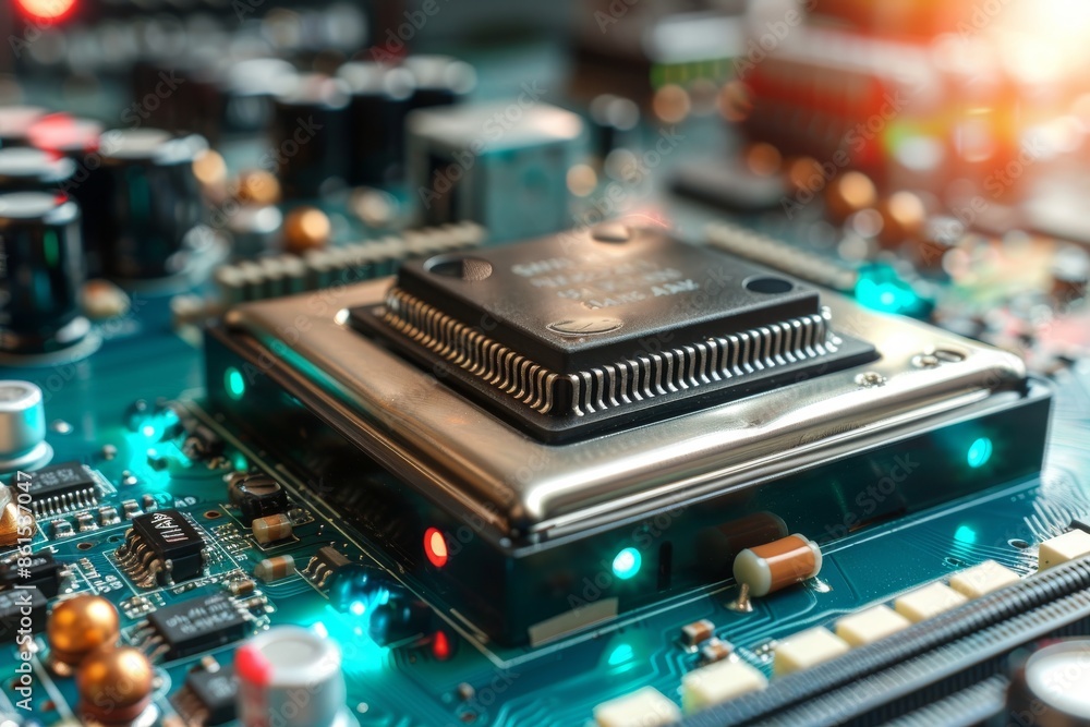 Poster close up photo of a microprocessor on a motherboard, emphasizing the advancements in hardware and ar