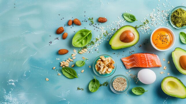 Colorful composition featuring key ingredients of the keto diet: salmon, avocado, eggs, nuts, and seeds, perfect for promoting healthy eating habits.