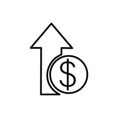 Line art style icon of a dollar coin increasing its value, represented by an up arrow