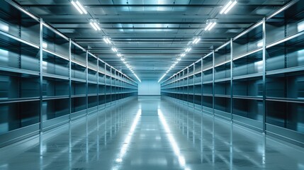 Fototapeta premium Empty warehouse with rows of shelves and bright lights
