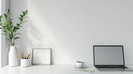 Fototapeta premium A white desk with a black coffee mug, a framed picture, a tablet, and a plant in a vase
