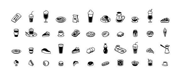Cute line doodle big food set. Minimalist icons for restaurant, cafe, patisserie, bakery, confectionary, coffeeshop menu. Hot and cold drinks. Aesthetic boho meal hand drawn vector