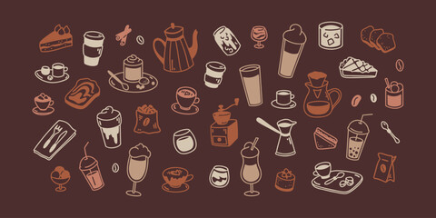 Coffee chalkboard. Hot, cold drinks and desserts in doodle stile. Cute line food elements. Minimalist icons for restaurant, cafe, patisserie, bakery, confectionary, coffeeshop menu