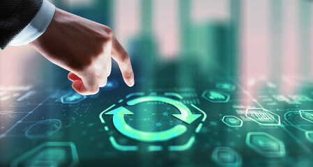 Businessman touching icon Update software application. Hardware upgrade technology concept
