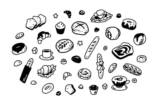 Cute line doodle bakery elements. Hand drawn pastry, bread, croissants, sandwiches, baguette, toasts, donuts. Minimalist sketch vector icons. Breakfast, cafe, French patisserie menu