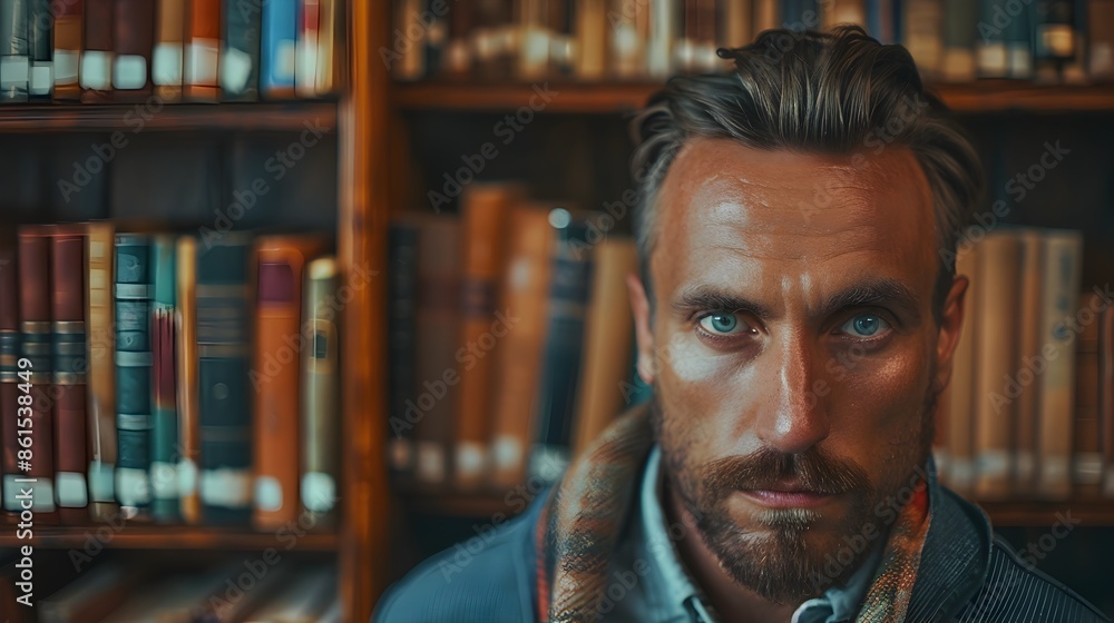 Poster intense curiosity and focused gaze in a mysterious library setting portrait of a man
